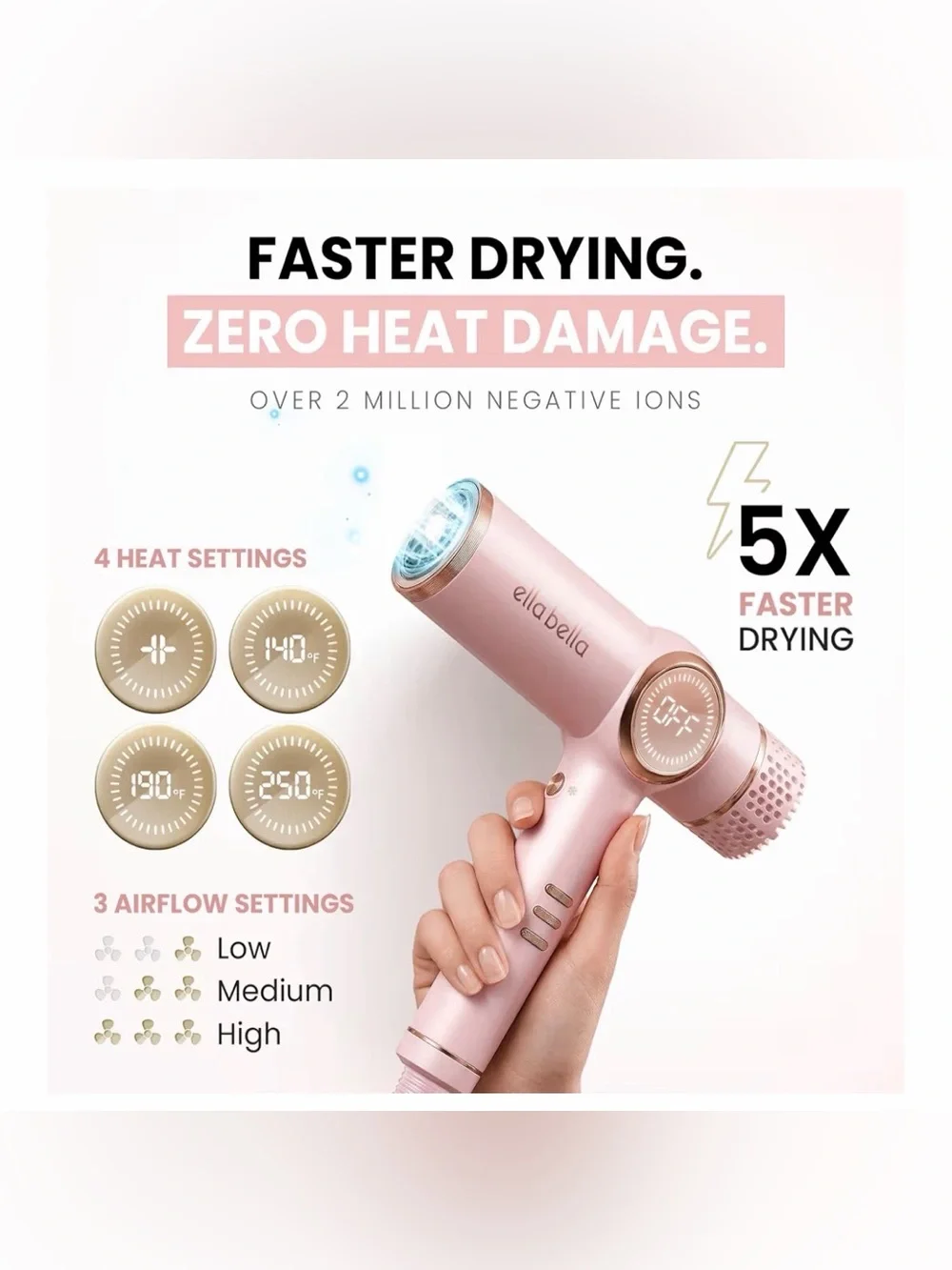 ELLA BELLA® Professional Ionic Hair Dryer with Diffuser, Negative Ion Blow Dryer